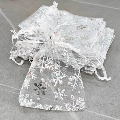 25/50/100pcs Hot Printing Organza Gift Bag for Jewelry Snowflake Drawstring Pouches for Wedding Christmas Party Candy Packing