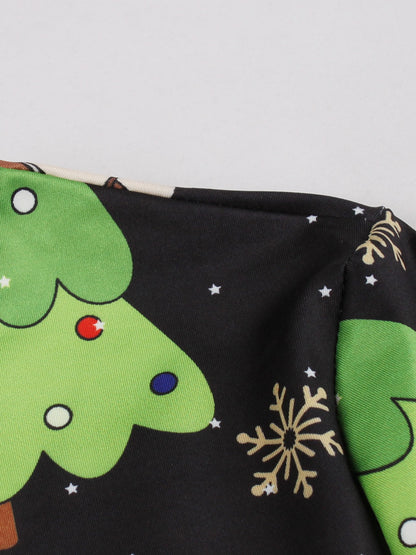 Holiday Sweet Girl Princess Dress Party Christmas Dress Fun Printed Round Neck and Leg Slimming Long Dress