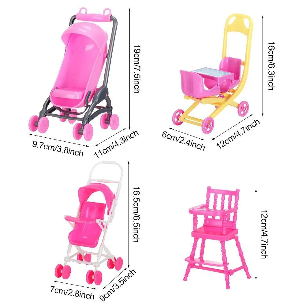 Baby Stroller for Dolls Dollhouse Barbies Furniture Access Infant Carriage Trolley Nursery Girls Doll House Playing House Toys