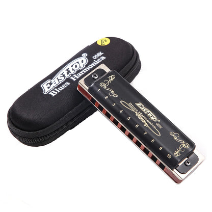 East Top Diatonic Harmonica 10 Holes Blues Harmonica Black T008K With Case Professional Harmonica for Beginner Students Adults