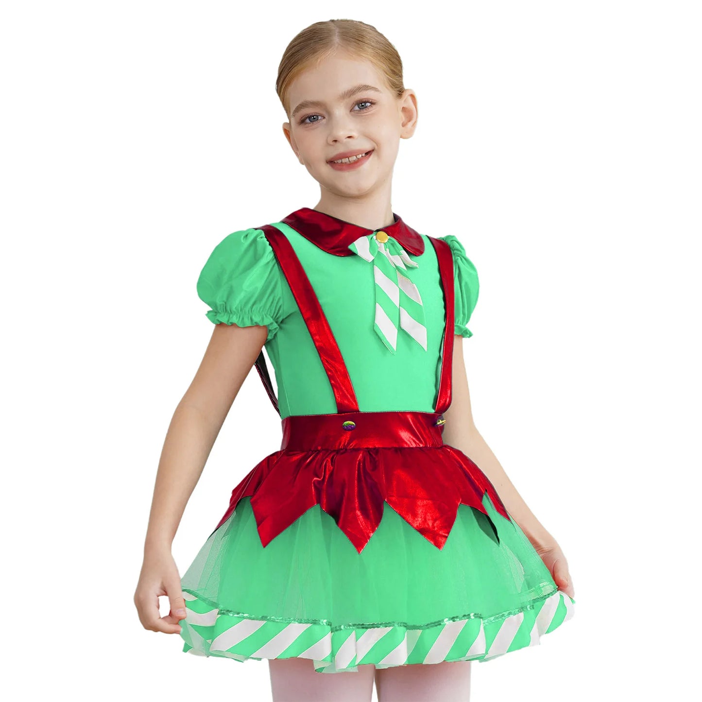 Kids Girls Christmas Elf Dance Costume Puff Sleeve Stripes Tutu Dress Ballet Skating Leotard for Xmas Festival Carnival Party