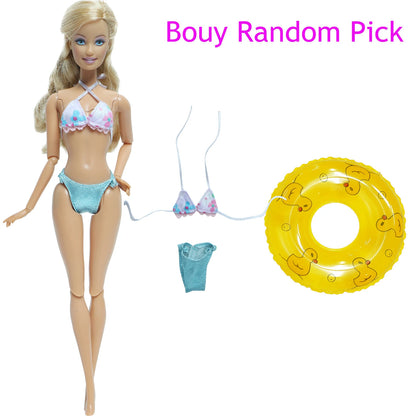 1x Doll Swimwear Beach Bathing Clothes Lovely Bikini Swimsuit + Random 1x Swimming Buoy Lifebelt Ring for Barbie Doll Baby Toys