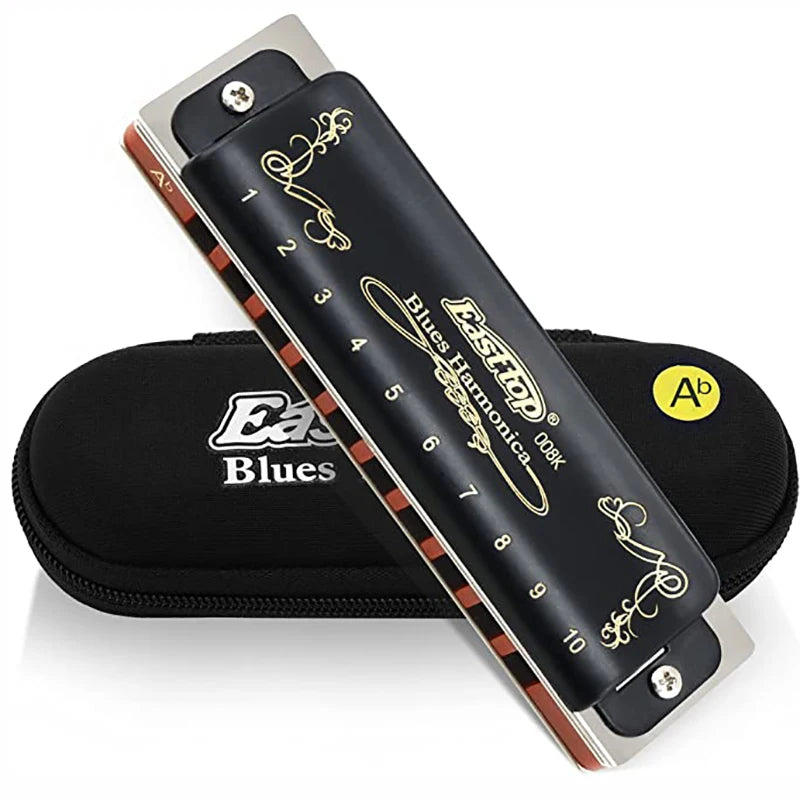 008K Diatonic Harmonica 10 Holes 20 Tones Blues Harp Mouth Organ Harmonica With Black Cover, Standard Harmonica With Canvas Bag