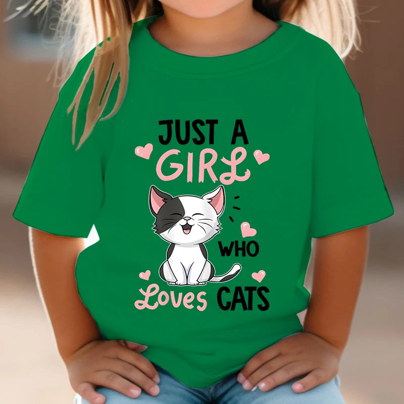 Just a Girl Who Loves Cats Tshirt Girls Y2k Harajuku Animal Summer Fashion Kids Clothes Funny Graphic Cute Cat Lover Streetwear