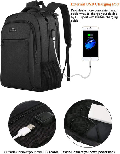 MATEIN Business Laptop Backpack, 15.6 Inch Travel Laptop Bag Rucksack with USB Charging Port, Water-Resistant Bag Daypack for Work Anti-Theft College Computer Men Women Backpack, Black