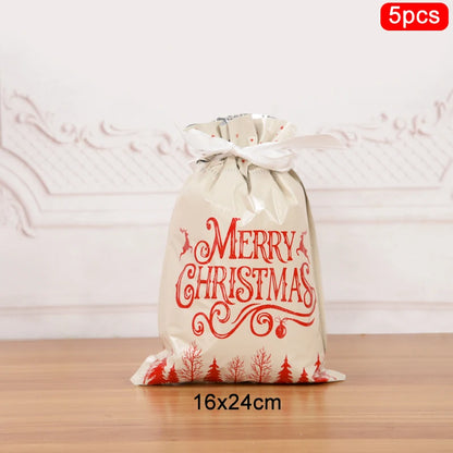 3/5Pcs Merry Christmas Drawstring Gift Bag New Year 2025 Large Candy Cookie Packaging Bag 2024 Navidad Christmas Home Decoration