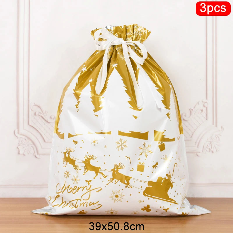 3/5Pcs Merry Christmas Drawstring Gift Bag New Year 2025 Large Candy Cookie Packaging Bag 2024 Navidad Christmas Home Decoration