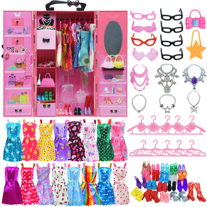 43 Pcs/Set Mix Style Doll Furniture Wardrobe Mini Dress Shoes Glasses Bag Hangers 40 Accessories for Barbie Doll Kids Gift Toys