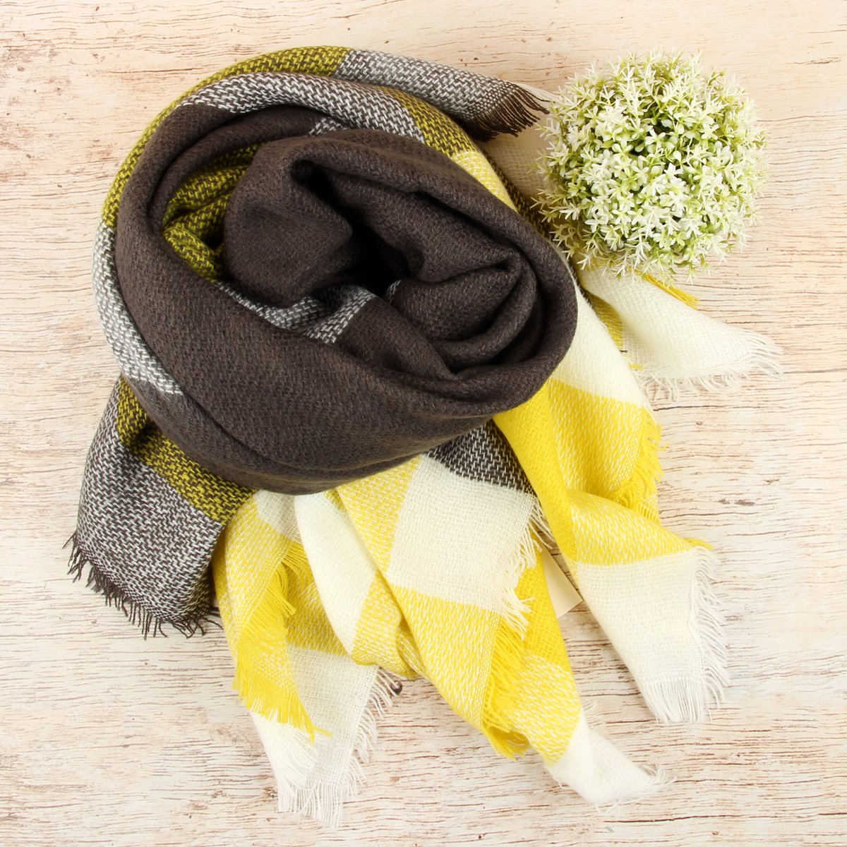 Dark Gray Yellow Blanket Fringed Scarf