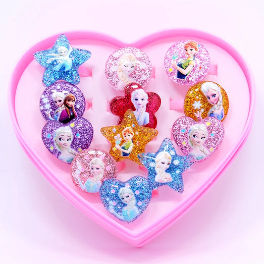 12pcs/Box Disney Frozen Elsa Anna Princess Ring Resin Snow White Kids Finger Rings Girls Gifts Children Birthday Party Supplies