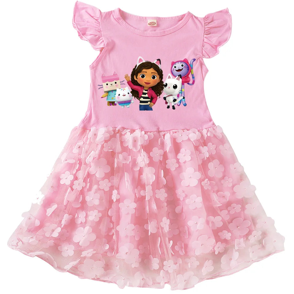 Vestidos Gabbys Dollhouse Clothes Kids Cartoon Gabby Chat Dress Baby Girls Summer Short Sleeve Casual Dresses and Bag & Headband