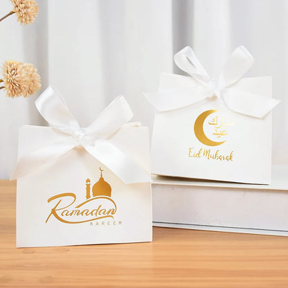 5/10pcs Eid Mubarak White Small Gift Bags With Bow Ribbon Ramadan Kareem Candy Cookie Favor Boxes Muslim Party Packaging Bags