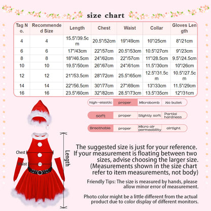 4-16y Girls Christmas Santa Claus Cosplay Costume Ballet Skating Dance Tutu Dress With Hat Gloves Xmas New Year Party Clothes