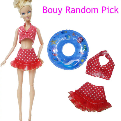 1x Doll Swimwear Beach Bathing Clothes Lovely Bikini Swimsuit + Random 1x Swimming Buoy Lifebelt Ring for Barbie Doll Baby Toys