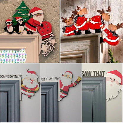 Christmas Door Frame Decoration Santa Claus Wooden Christmas Decorations Happy New Year 2024 Door Frame Trim Wood Xmas Decor