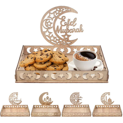 Wooden Eid Mubarak Food Tray Ramadan Decoration for Home Cake Display Islam Muslim Party Supplies 2024 Ramadan Kareem Eid Gifts