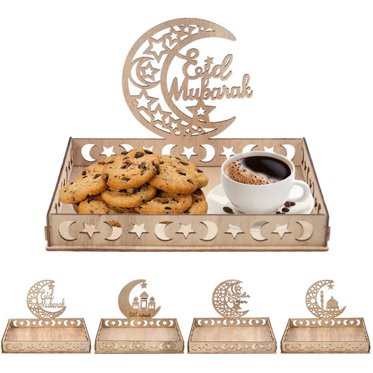 Wooden Eid Mubarak Food Tray Ramadan Decoration for Home Cake Display Islam Muslim Party Supplies 2024 Ramadan Kareem Eid Gifts