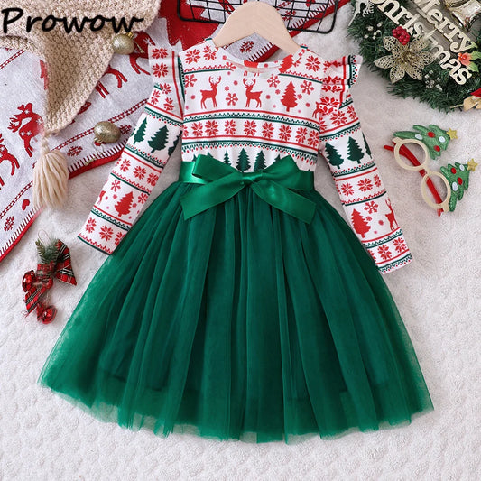 Prowow 3-7y Kids Christmas Dresses for Girls Red Deers Print Belted Dress New Year Costume for Children Christmas Clothing 2025