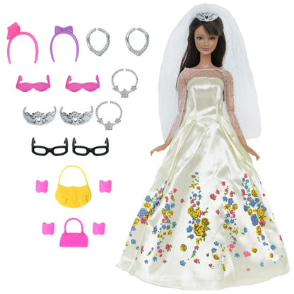 14 Pcs / Lot = 1x Fairy Tale Doll Dress + 13x Random Accessories Shoes Handbag Glasses Clothes for Barbie Doll Girl Baby Toys