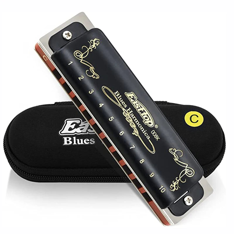 008K Diatonic Harmonica 10 Holes 20 Tones Blues Harp Mouth Organ Harmonica With Black Cover, Standard Harmonica With Canvas Bag