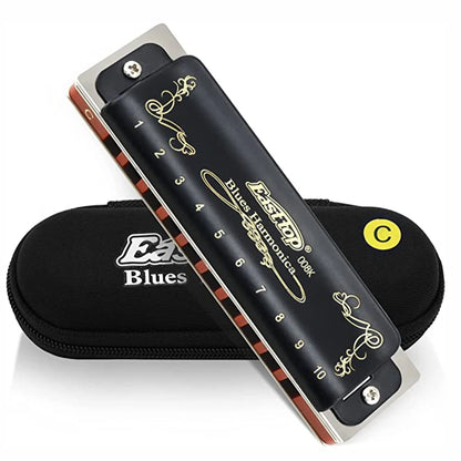 008K Diatonic Harmonica 10 Holes 20 Tones Blues Harp Mouth Organ Harmonica With Black Cover, Standard Harmonica With Canvas Bag