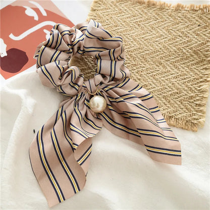 Chiffon Hair Scrunchies Women Fashion Pearl Ponytail Holder Hair Tie Hair Rope Rubber Bands Hair Accessories Bowknot Headwear
