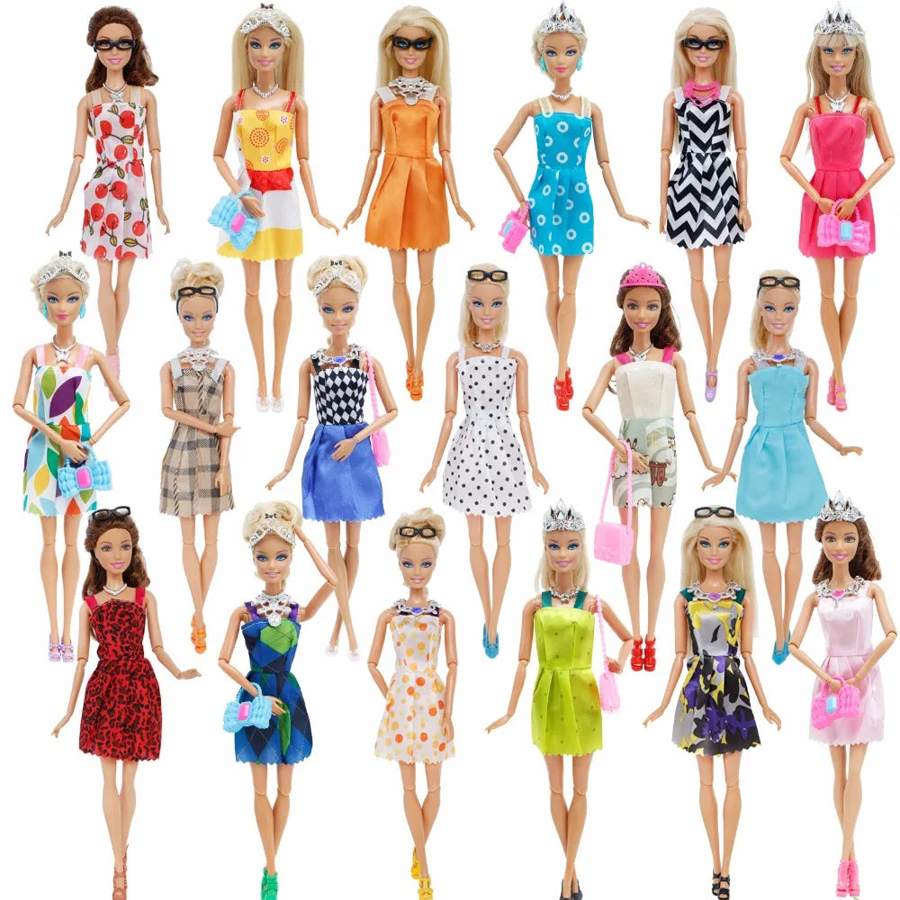 35 Item Doll Accessories=10x Doll Clothes Dress +4x Glasses +6x Plastic Necklace +2x Handbag +3x Crown +10 Shoes for Barbie Doll