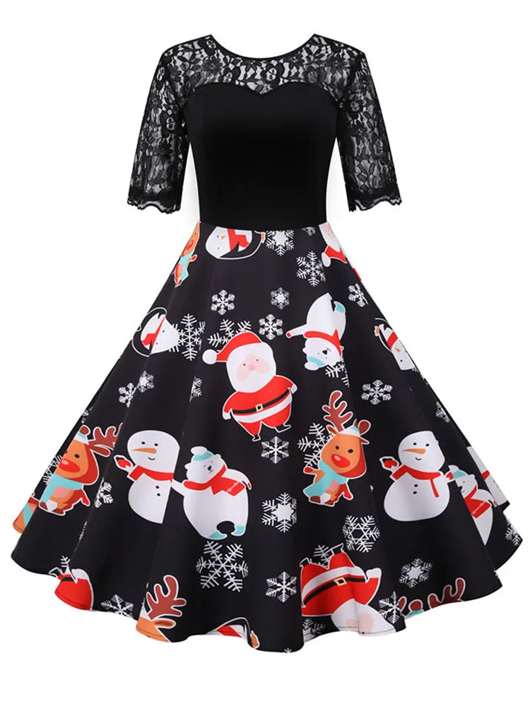 Lace Christmas Dress Women New Short Sleeve Print High Waist Elegant Vintage Winter Xmas Party Sundress 3XL Robe