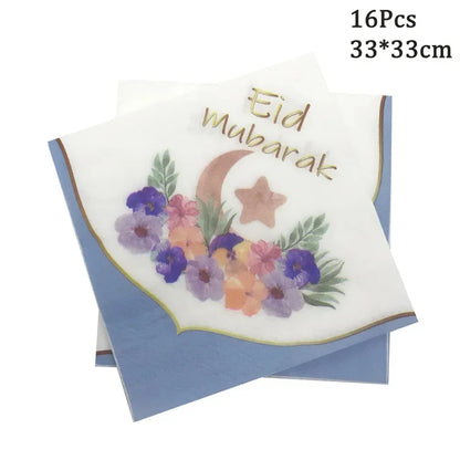 Hot Stamping Eid Mubarak Disposable Paper Plate Cup Napkin Islamic Muslim Eid Al Adha Home Party Decor Ramadan Kareem  Supplies