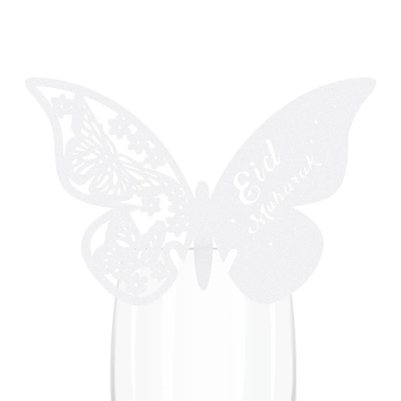 20pcs Eid Mubarak Hollow Butterfly Cup Card Wine Glass Paper Name Place Seat Card Wedding Party Ramadan Kareem Table Decorations