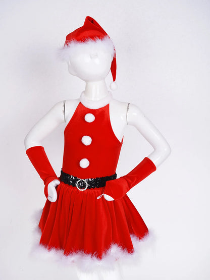 4-16y Girls Christmas Santa Claus Cosplay Costume Ballet Skating Dance Tutu Dress With Hat Gloves Xmas New Year Party Clothes