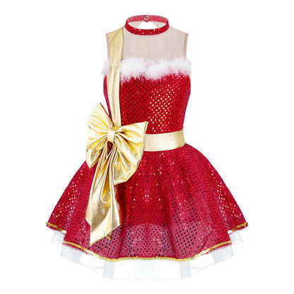 Children Girls Christmas Dance Dress Sleeveless Shiny Sequins Mesh Tutu Dancewear Ballet Dance Figure Skating Leotards Dresses