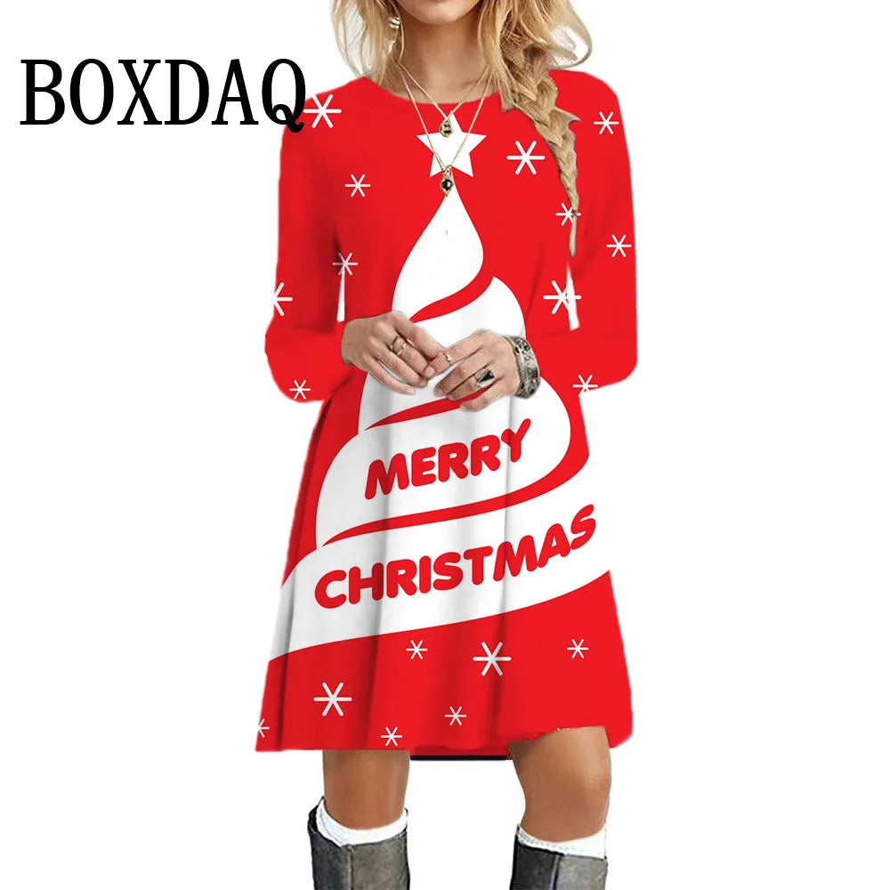 Cute Funny Christmas Elk Print Women Party Dress Winter Fashion Loose Casual Festival X-Mas Santa Claus Pattern Famale Clothes