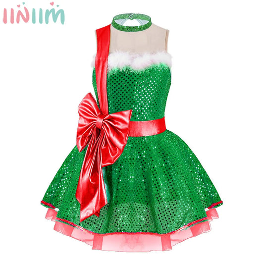 Children Girls Christmas Dance Dress Sleeveless Shiny Sequins Mesh Tutu Dancewear Ballet Dance Figure Skating Leotards Dresses