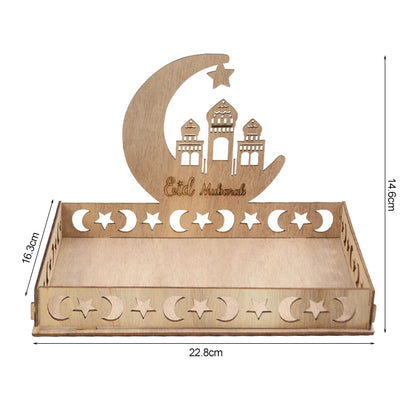 Wooden Eid Mubarak Food Tray Ramadan Decoration for Home Cake Display Islam Muslim Party Supplies 2024 Ramadan Kareem Eid Gifts