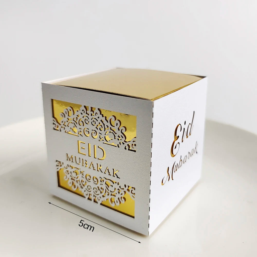 10Pcs Eid Mubarak Gift Box Ramadan Gift Packages Gold Hollow Eid Mubarak Candy Cake Box Eid Mubarak Decoration 2024 Muslim Party