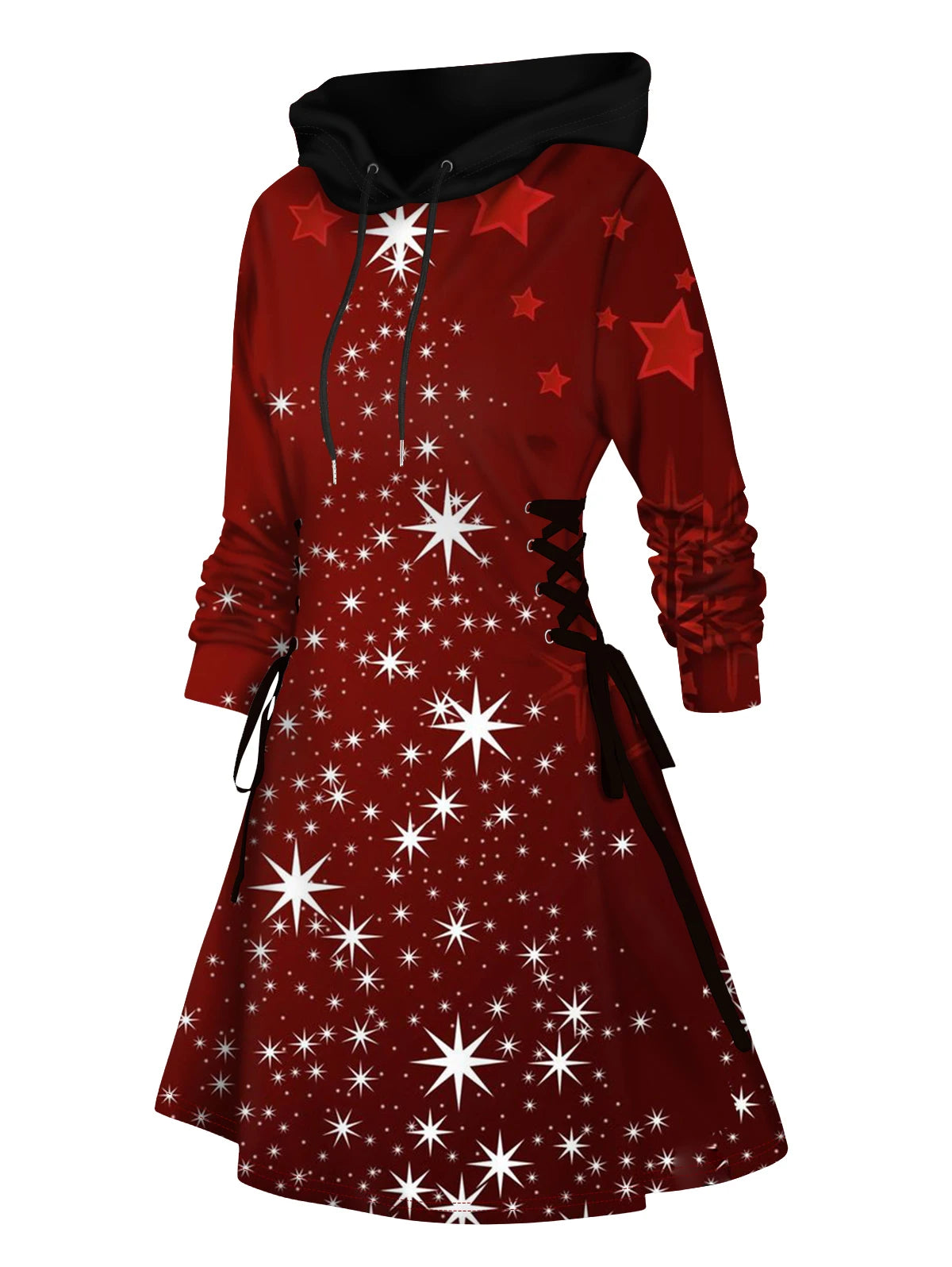 2024 Women's Christmas Hooded Dresses Star 3D Print Mini Hoodie Dress Lace Up a Line Hooded Dress Long Sleeves Fall Winter Dress