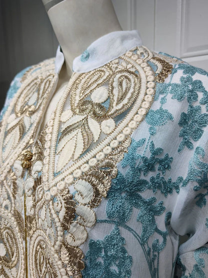 Islamic Embroidery White Jalabiya Imitation Linen Arabic Dress Women Arabian Moroccan Kaftan Party Wedding Abaya Ramadan Eid