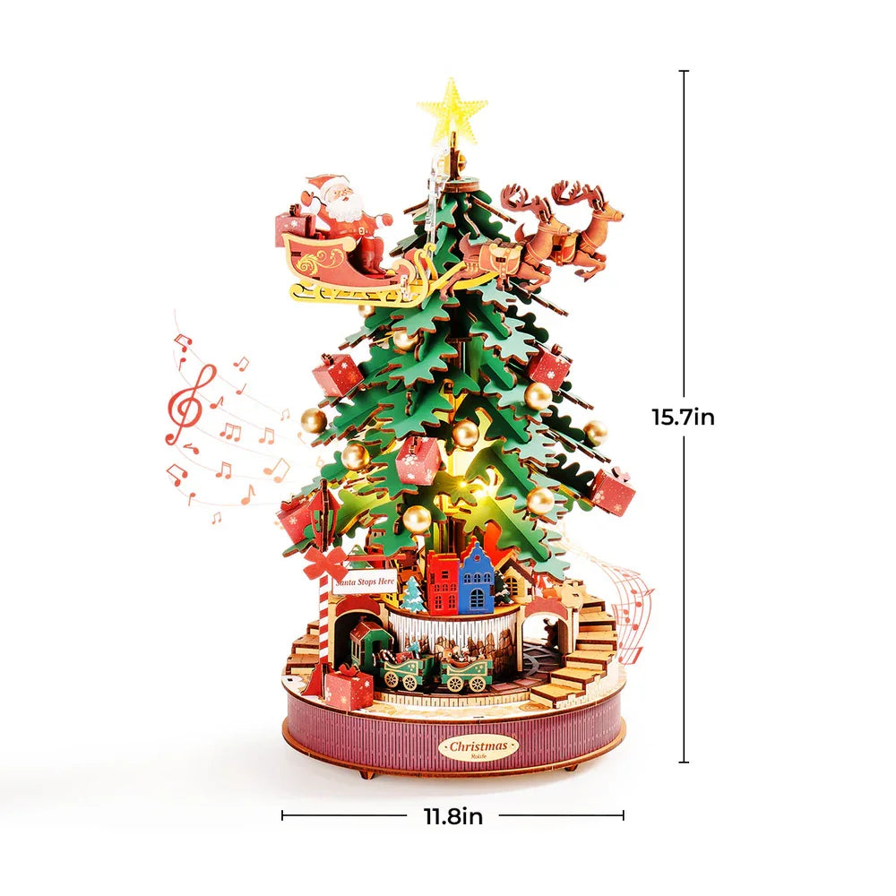 Robotime Rolife Christmas Melody Tree Music Dearmer Boxes 3D Wooden Puzzle With Light Perfect Family  GiftsEasy Assemble Toys