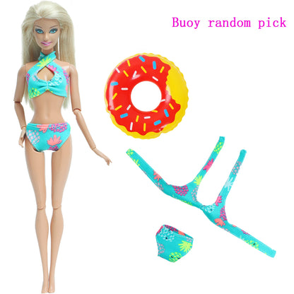 1x Doll Swimwear Beach Bathing Clothes Lovely Bikini Swimsuit + Random 1x Swimming Buoy Lifebelt Ring for Barbie Doll Baby Toys