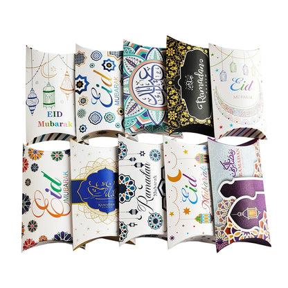 10pcs Eid Mubarak Gift Kraft Bag Box Pillow Candy Cookie Chocolate Paper Box Ramadan Kareem Decoration Party Supplies Kids Gift