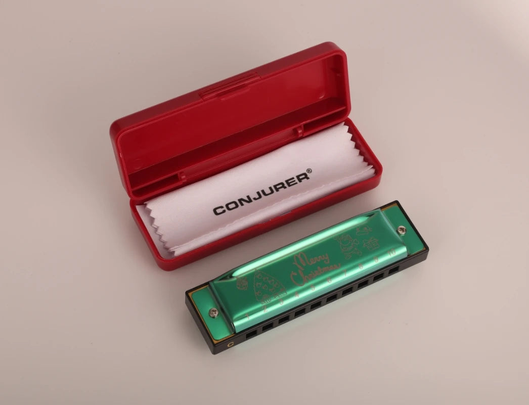 Conjurer 10 Hole Bules Harmonica 2pcs Set Red and Green for Kids Friends Festival Christmas Gift
