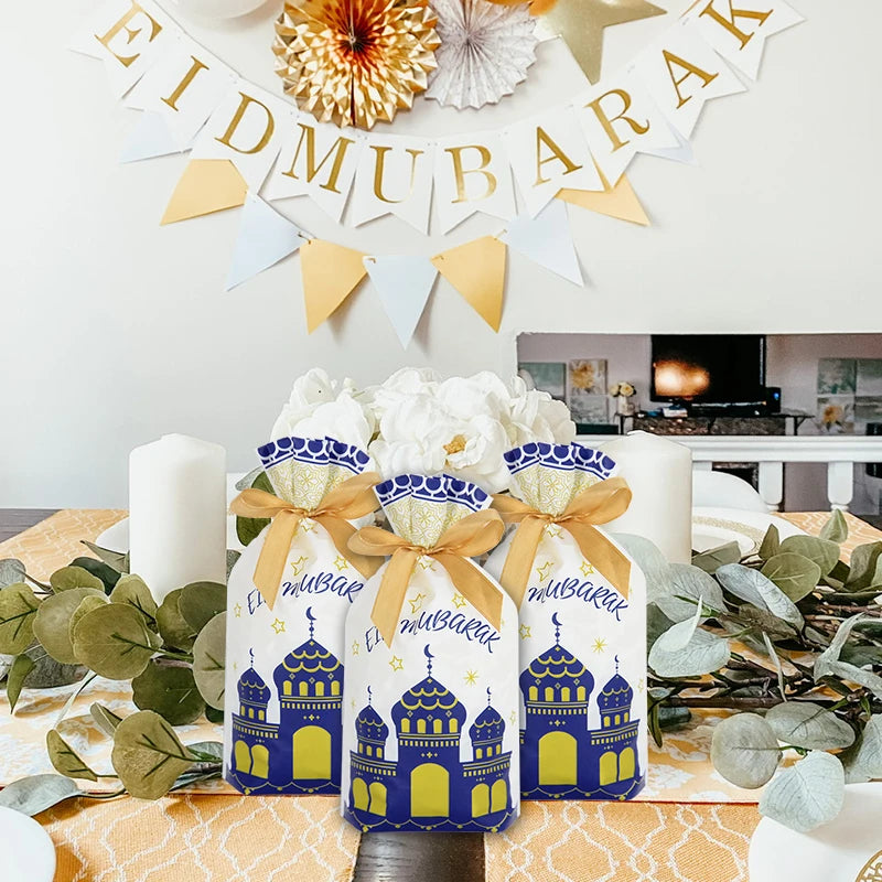 10-50Pcs Eid Mubarak Candy Bags Drawstring Cookie Gift Packaging Bag Islamic Muslim Party Supplies 2024 Ramadan Kareem Decor