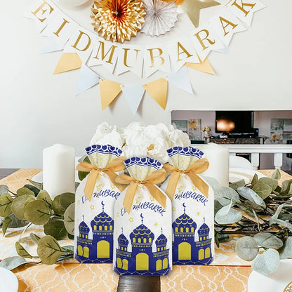10-50Pcs Eid Mubarak Candy Bags Drawstring Cookie Gift Packaging Bag Islamic Muslim Party Supplies 2024 Ramadan Kareem Decor