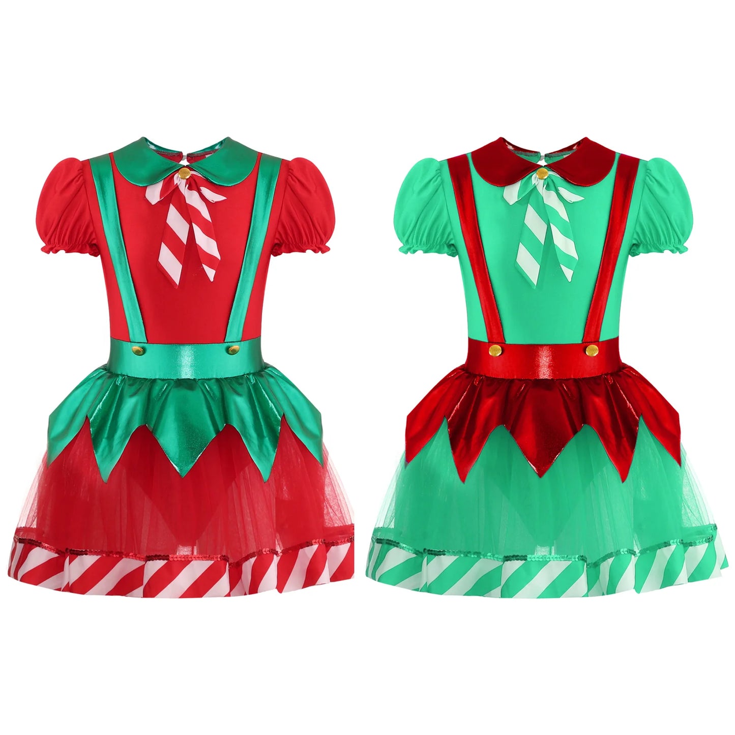Kids Girls Christmas Elf Dance Costume Puff Sleeve Stripes Tutu Dress Ballet Skating Leotard for Xmas Festival Carnival Party