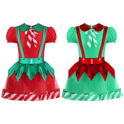 Kids Girls Christmas Elf Dance Costume Puff Sleeve Stripes Tutu Dress Ballet Skating Leotard for Xmas Festival Carnival Party