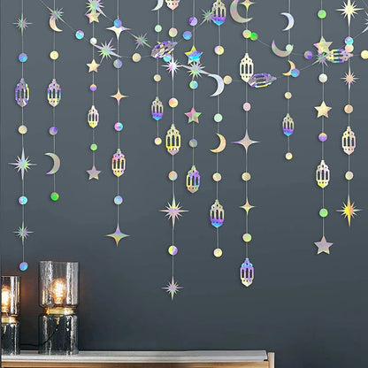 4M Eid Mubarak Banner Gold Silver Star Moon Paper Bunting Garland Ramadan Kareem Decoration Home Islamic Muslim Party Supplies