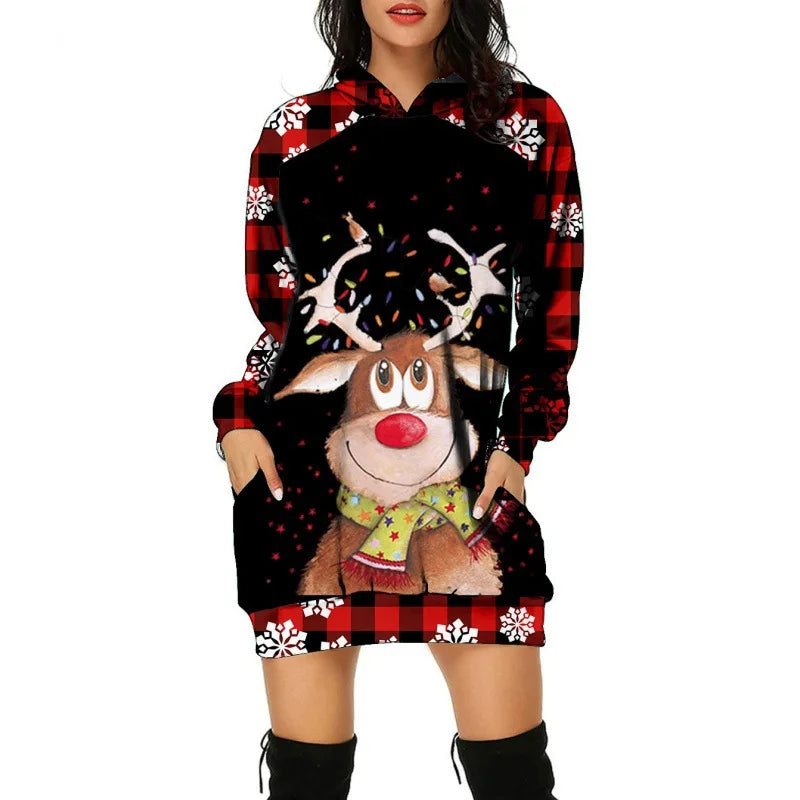 Christmas Tree Print Women Party Knitted Hoodie Dress Women Evening Dress Autumn Fashion Loose Sexy Mini Festival Famale Clothes