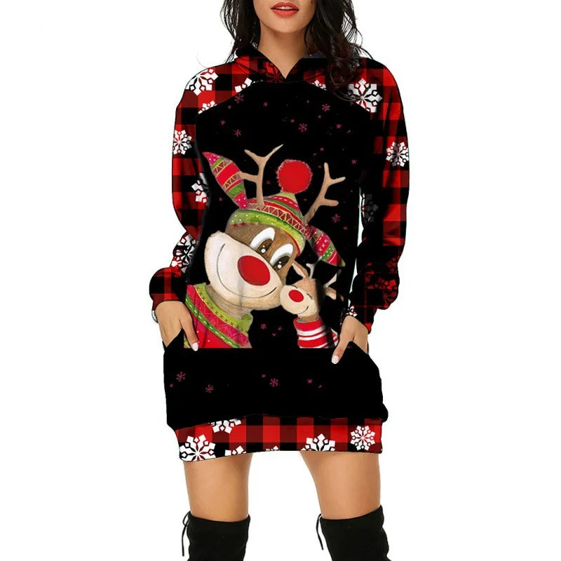 Christmas Tree Print Women Party Knitted Hoodie Dress Women Evening Dress Autumn Fashion Loose Sexy Mini Festival Famale Clothes
