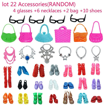 32 Item/Set Doll Accessories=10 Mix Fashion Cute Dress+ 4 Glasses+ 6 Necklaces+2 Handbag+ 10 Shoes Dress Clothes for Barbie Doll
